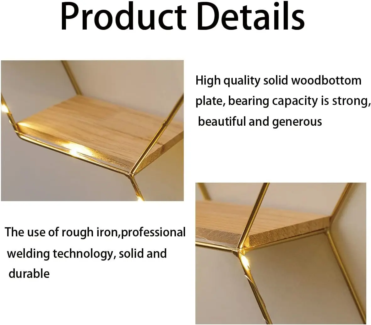 أرفف عائمة سداسية لتزيين الحائط، سلك معدني ذهبي ورف تخزين مثبت على الحائط من الخشب لتزيين المنزل