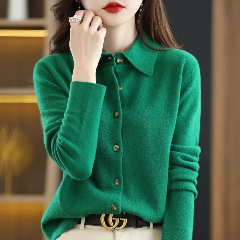 Fashion 100% Merino Wool Woman Sweater High Quality Long Sleeve Cardigan Polo-Collar Spring Autumn Winter Clothing Knitwear Tops