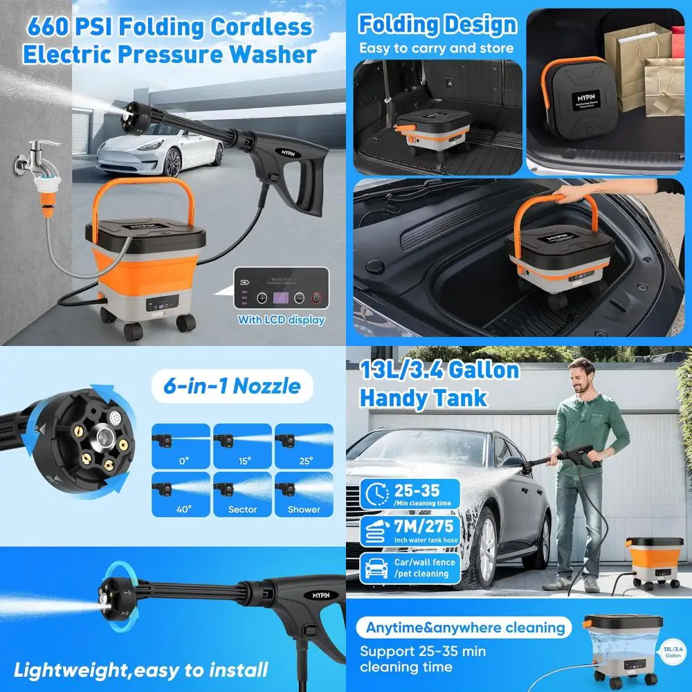 

Портативная мойка высокого давления 660PSI с баком 3,4 галлона, насадкой 6-в-1, 7 уровнями давления, шлангом 7 м и колесами для уборки