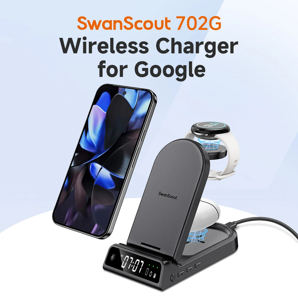 

SwanScout 702G Charging Station for Google Pixel 9 Pro XL 8 8A 7 Z Flip 6 Wireless Charger for Pixel Watch 1 for Pixel Buds Pro