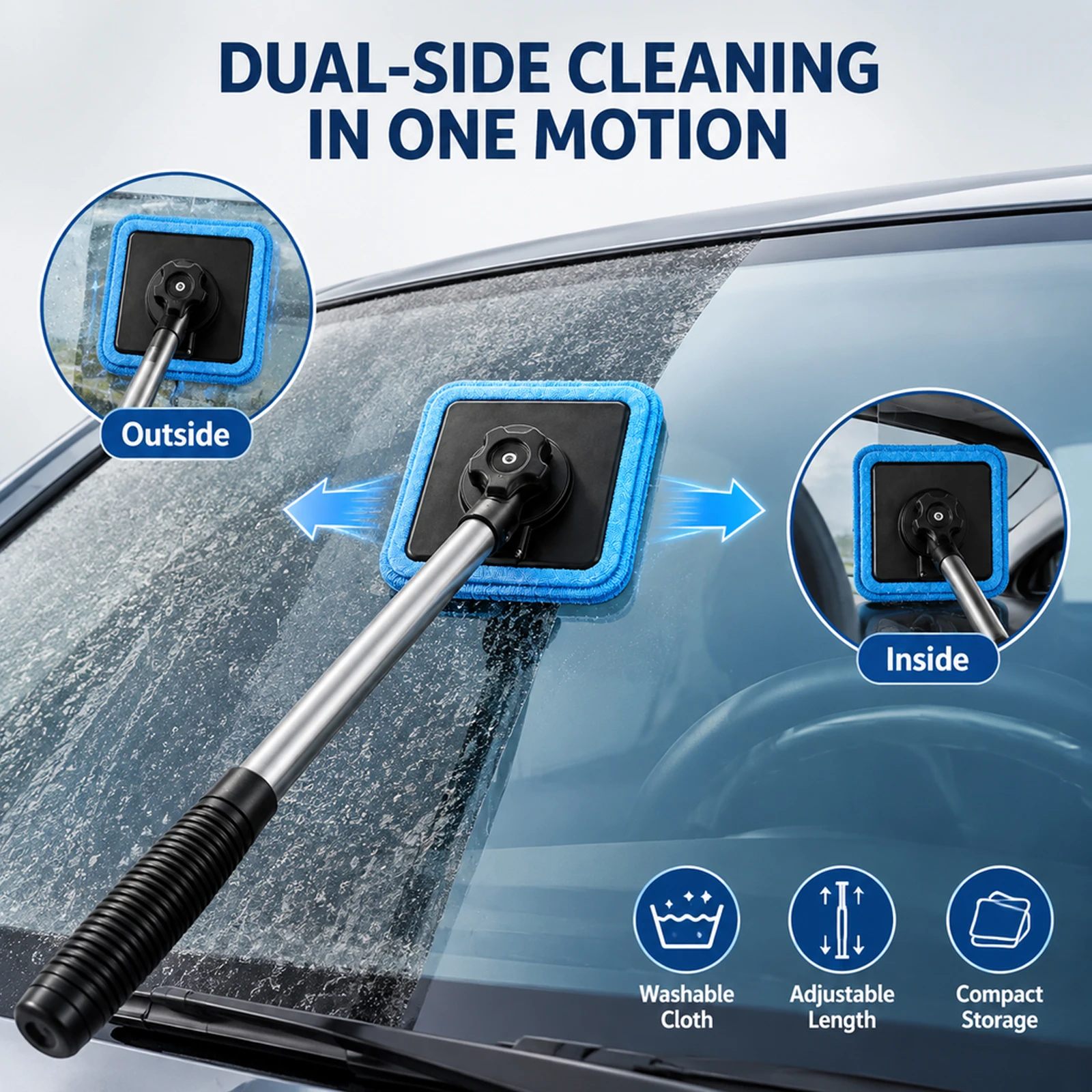 Magnetic windscreen cleaning brush, double-sided cleaning with adjustable handle and replaceable cloth cover, removes grease