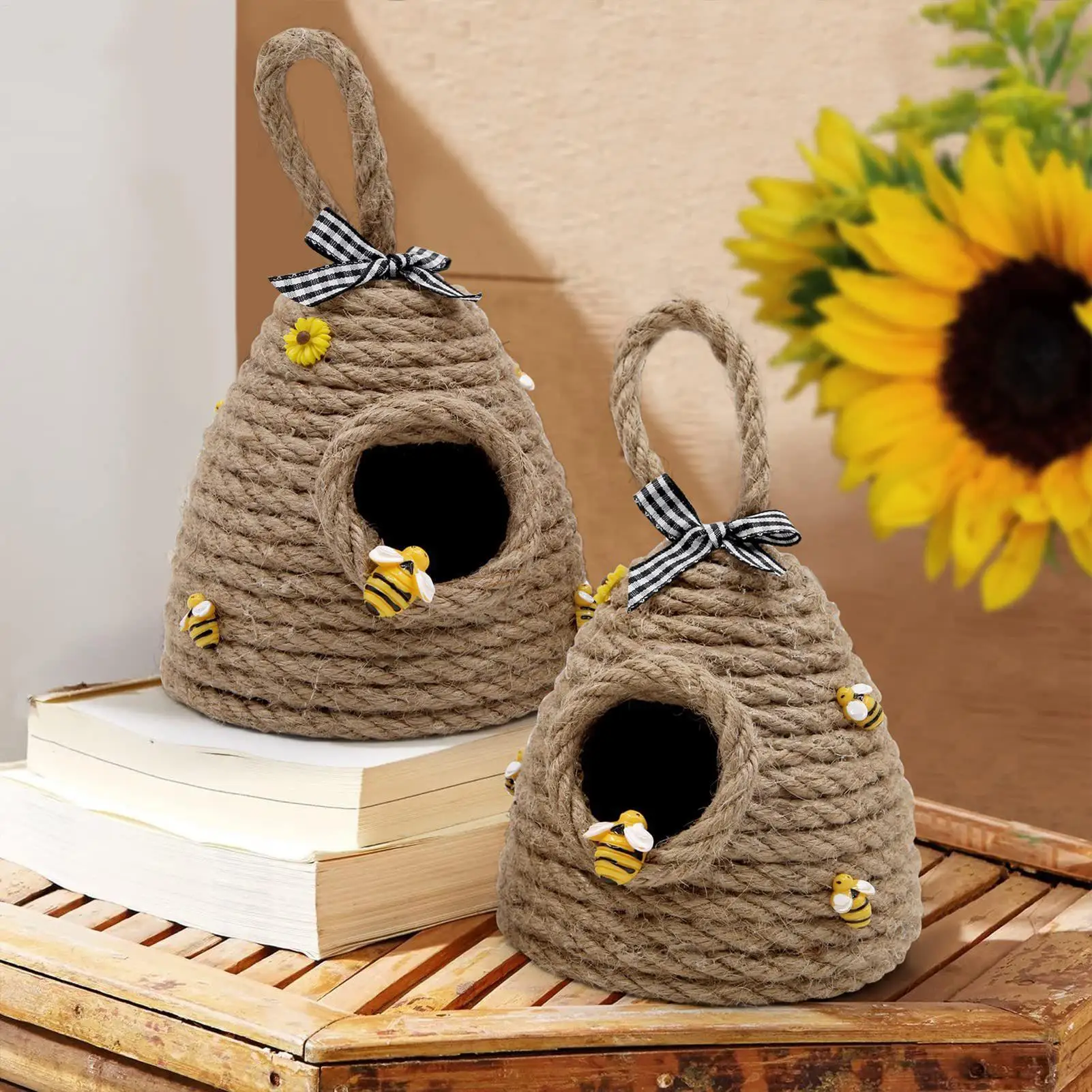 Beehive Pendant Bee Hive Pendant Hand Woven Rustic Honey Bee Figurine Tiered Tray Decorations for Kitchen Porch Home Shelves