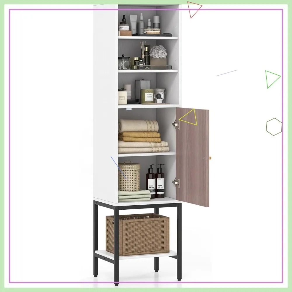 57-Inch Tall Slim Bathroom Storage Cabinet with Adjustable Shelves, Anti-Tipping Kit for Compact Living Room & Kitchen
