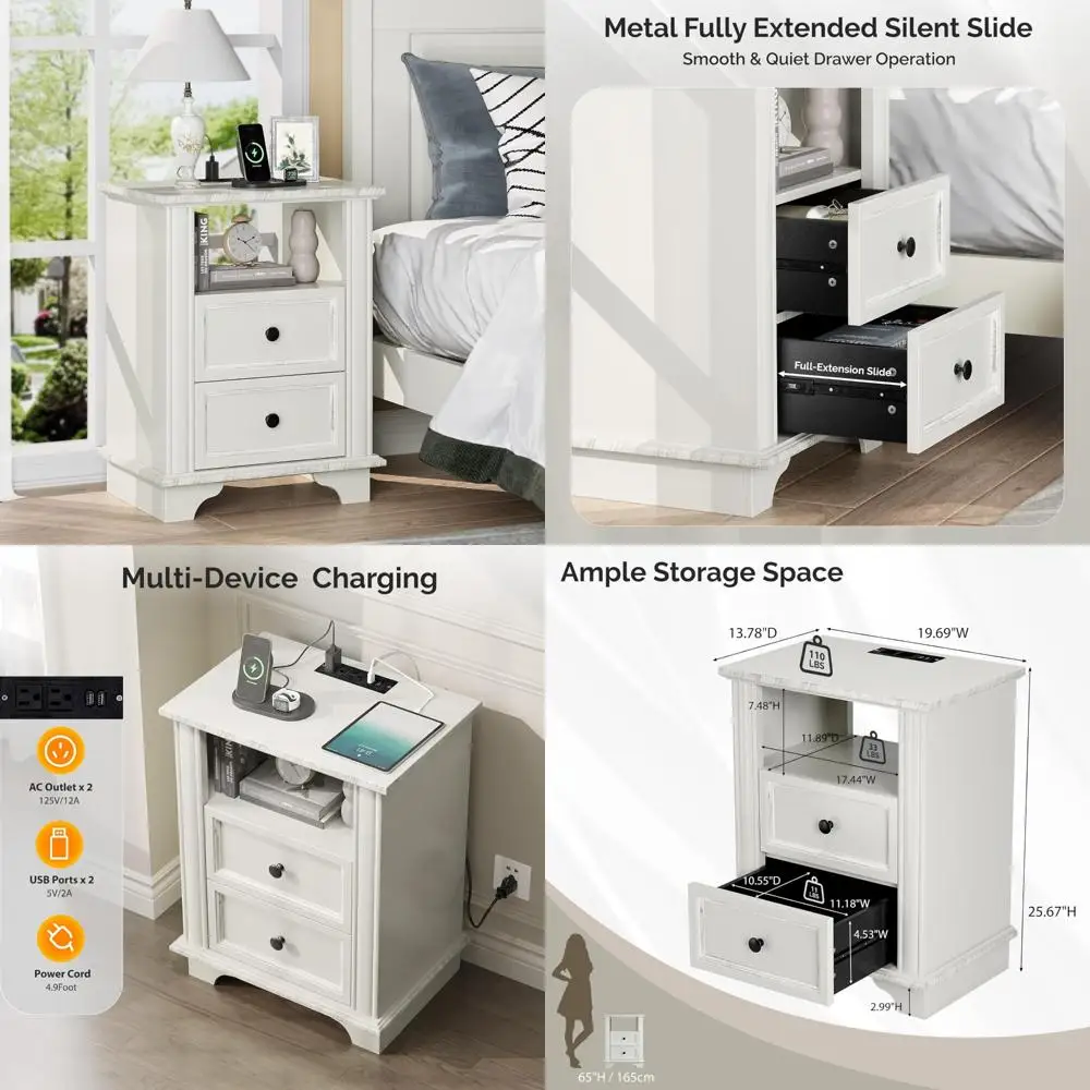 

White Wooden Nightstand with Charging Station and Drawers for Bedroom, Bedside Table, End Table