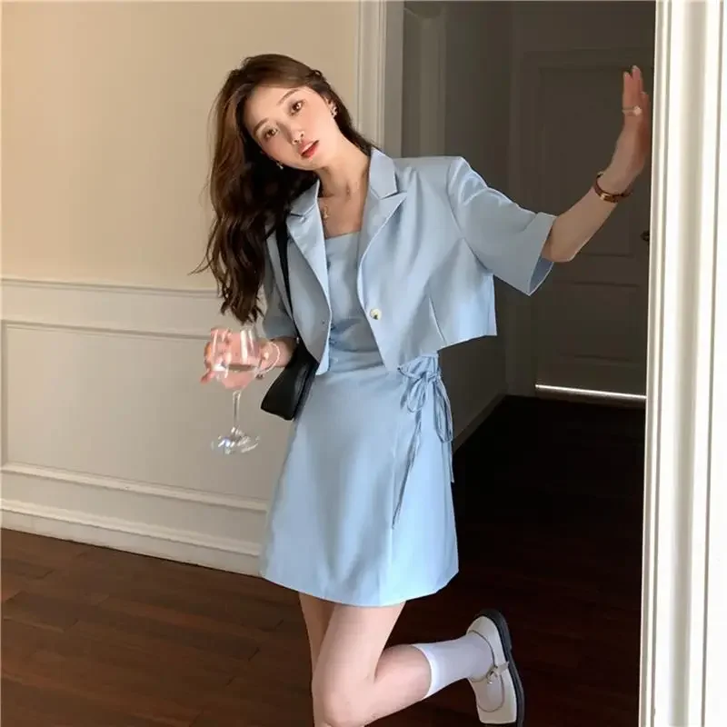 2 Pieces Sets for Women Commuting Lightly Cooked Office Suits Blue Kawaii Dress Short Sleeve Midi Woman Outfit Slim Fit Co Ord