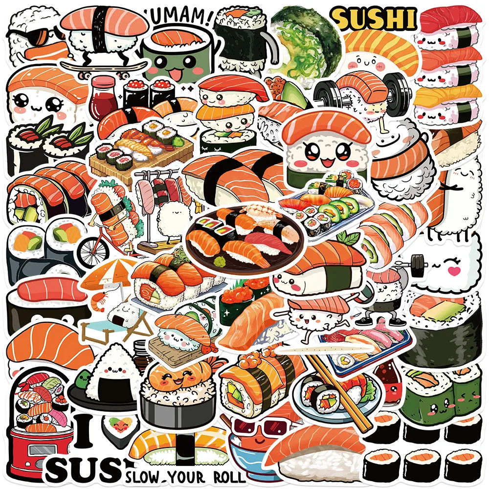 

50PCS Cartoon Japanese Cuisine Stickers Funny Sushi Decals Refrigerator Laptop Guitar Notebook Skateboards Toy Graffiti Stickers