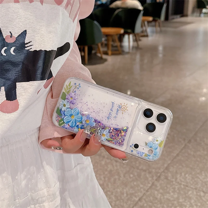 เคสโทรศัพท์ iPhone 17 16 15 Pro Max ลายภาพวาดสีน้ำมัน ประกายกลิตเตอร์ ทรายไหล เคลือบเงา วัสดุเหลว