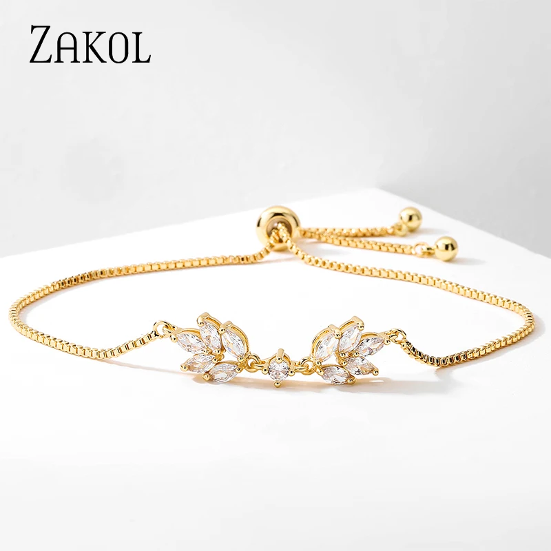 ZAKOL Simple Leaf Cubic Zirconia Adjustable Bracelets for Women Fashion Party Jewelry