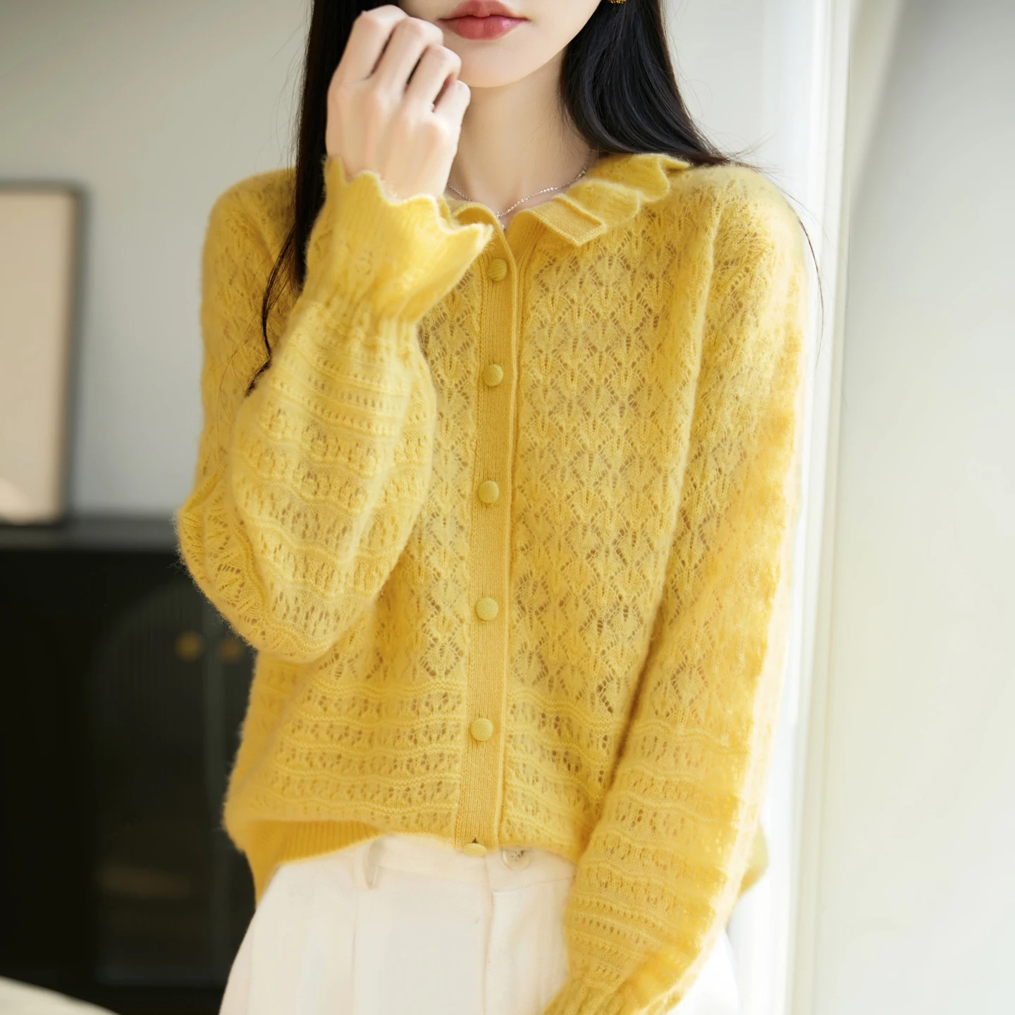 Women's Sweater 100% Merino Wool New Hollowed Out Cardigan Spring And Autumn Solid Color Knitted Collar With Fungus Edge Jacket