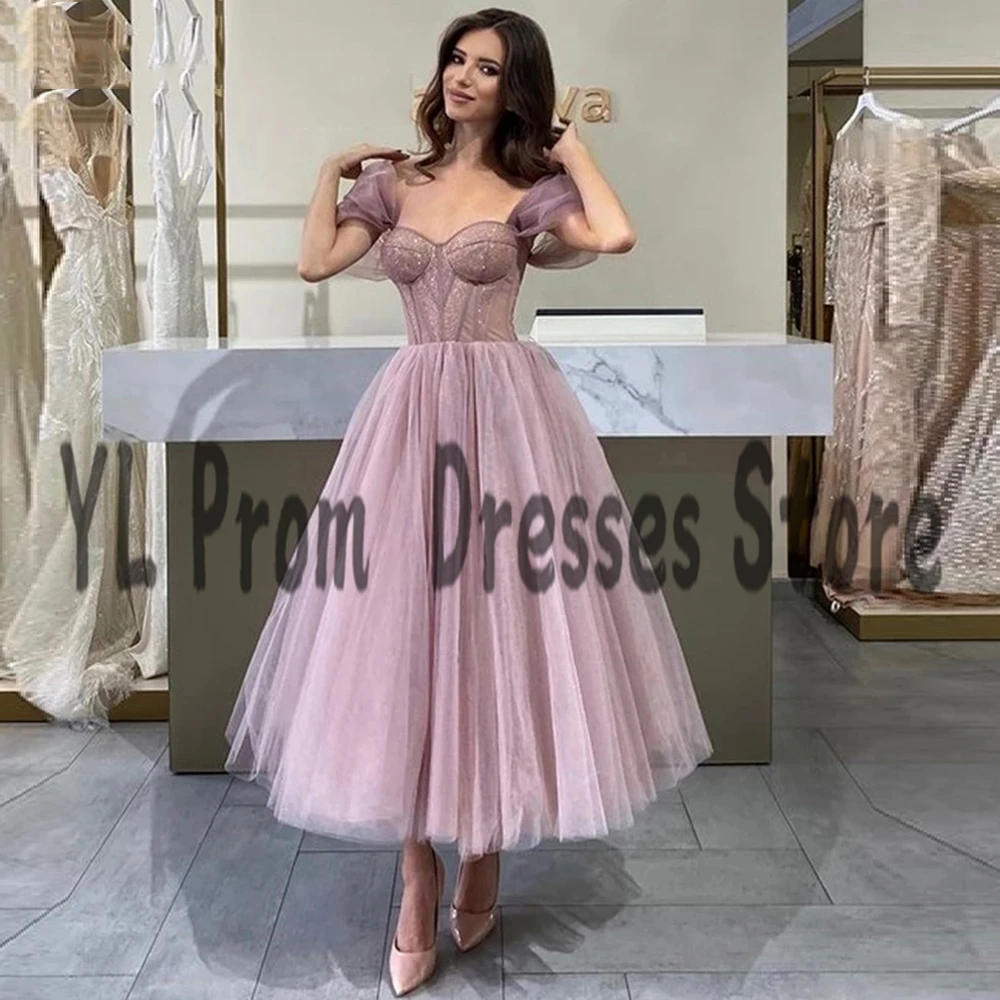 Yl ilusão simples fora do ombro vestidos de baile a linha chá-comprimento roxo tule formatura vestidos para meninas abendkleider