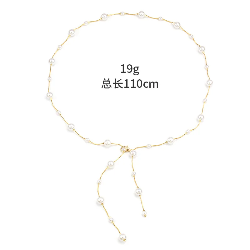 Dainty Long Tassel Pearl Waist Chain Gold Thin Wire Multi Size Round Pearl Cascading Drop Belly Belt For Knit Dress - view 5