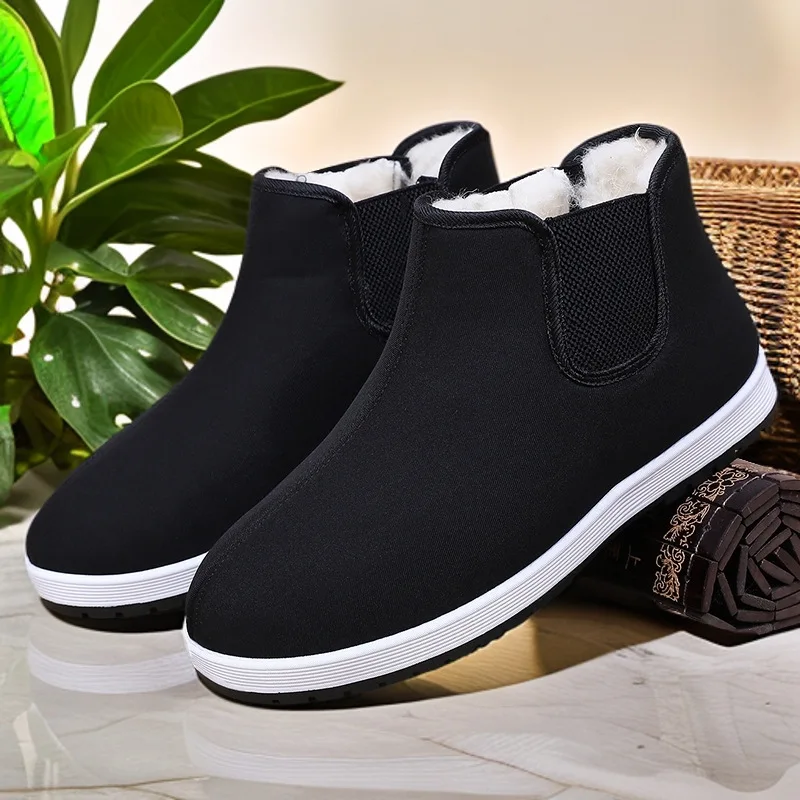 Men's Winter Warm Plush‑Lined Ankle Boots Black Canvas Slip‑on Cotton Shoes Comfort Non‑Slip Outdoor Cold‑Resistant Short Boots