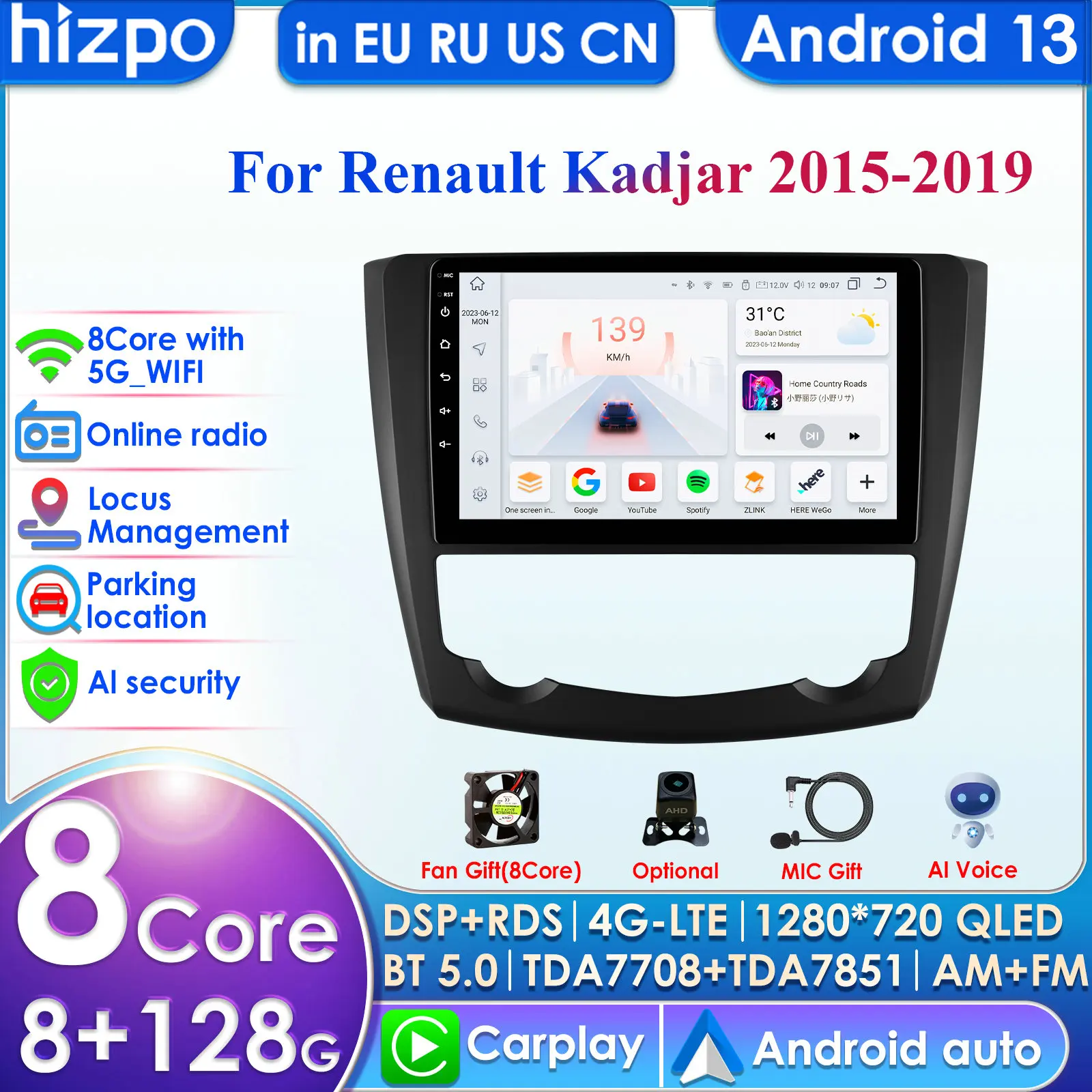 Hizpo 9 Inch Carplay 4G 2 Din Android 13 Car Radio for Renault Kadjar 2015-2019 Multimedia Video Intelligent Player GPS DSP WIFI