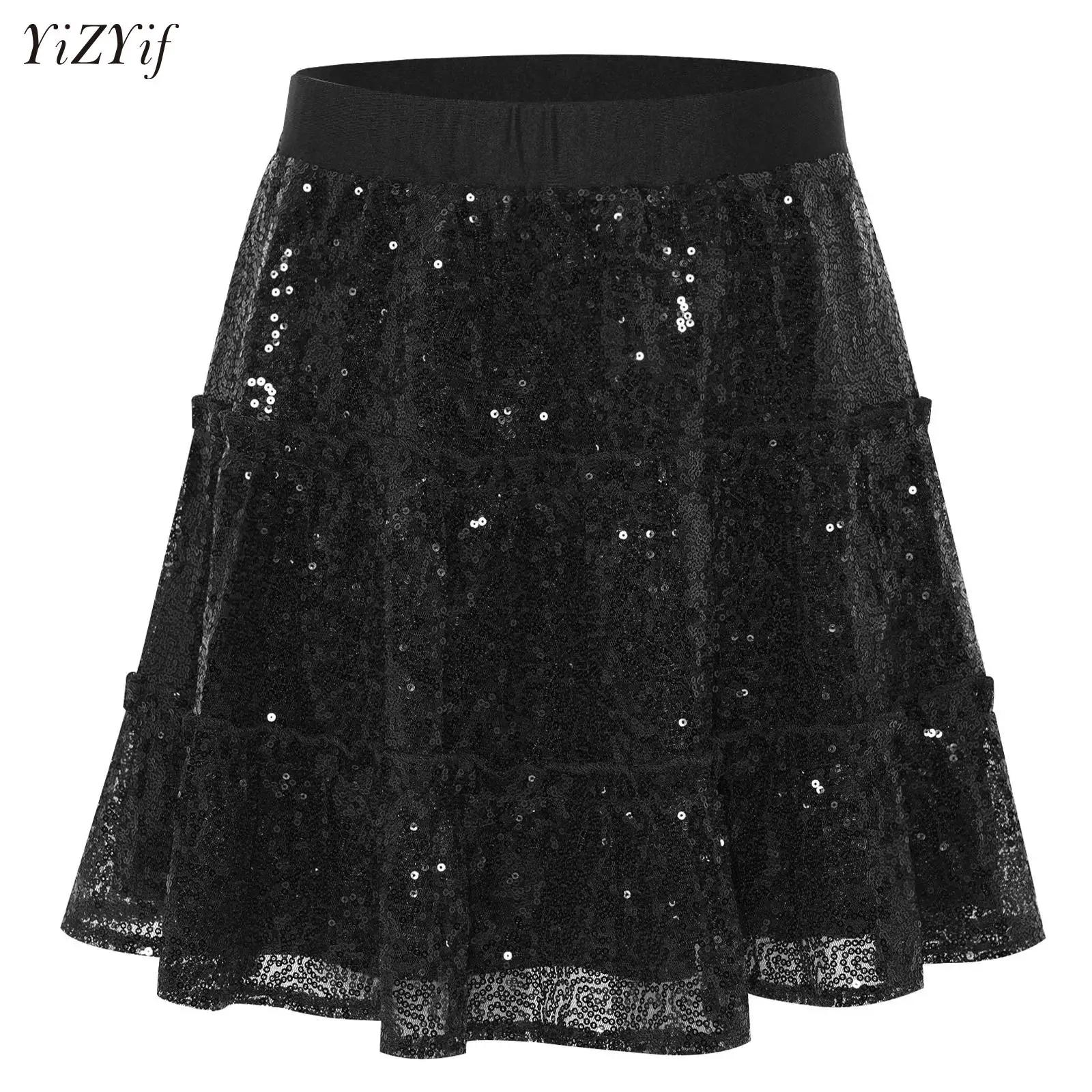 

Girls Dance Skirt Elastic Waist Tiered Ruffle Sparkling Sequins Mini Skirt Skater Skirt for Latin Jazz Ballet Dance Performance