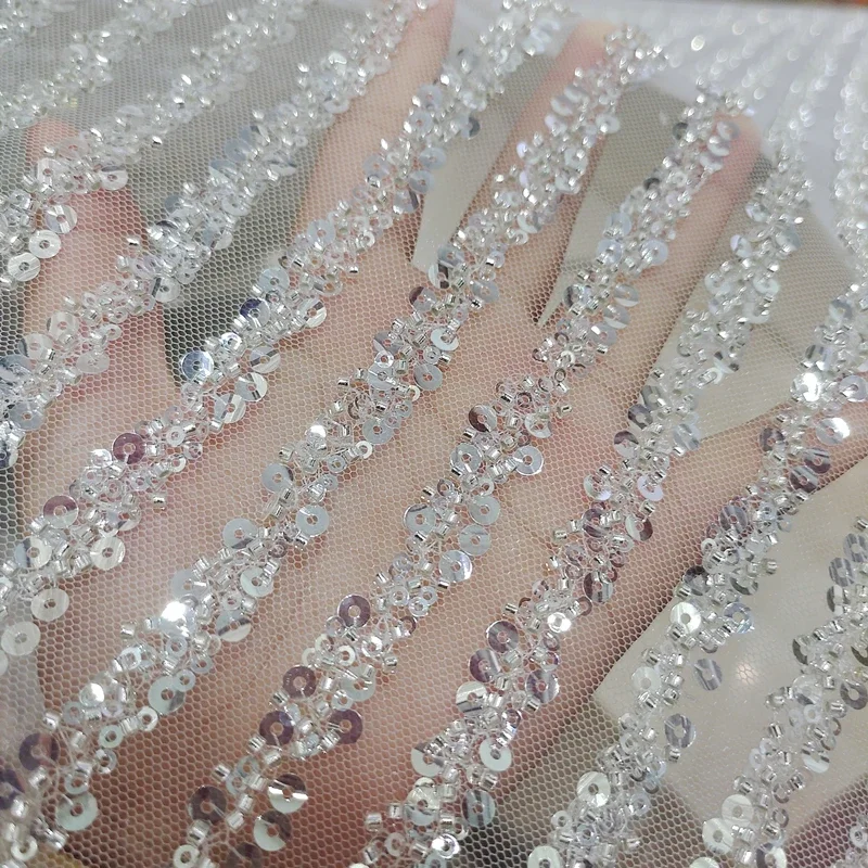 Bridal Lace Fabric Stripes, Luxury Beaded Sequin Wedding Dress, Advanced Custom-Made Sewing Fabric