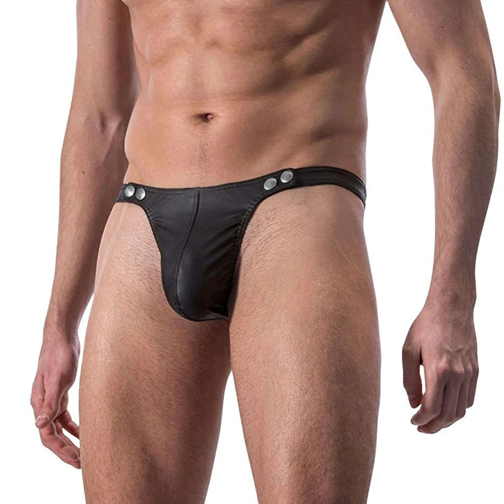 Sexy Hot Strings Faux Leather Underwear Men Slip Gay Thong Fashion Open Back Male Panties Seamless Micro Underpants U Pouch 2022