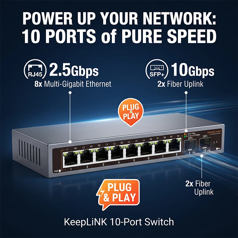 KeepLiNK 10-Port Multi-gigabit Unamanaged Network Switch 8x2.5Gb Ethernet + 2x 10Gb SFP+ Plug & Play High-Speed Connectivity