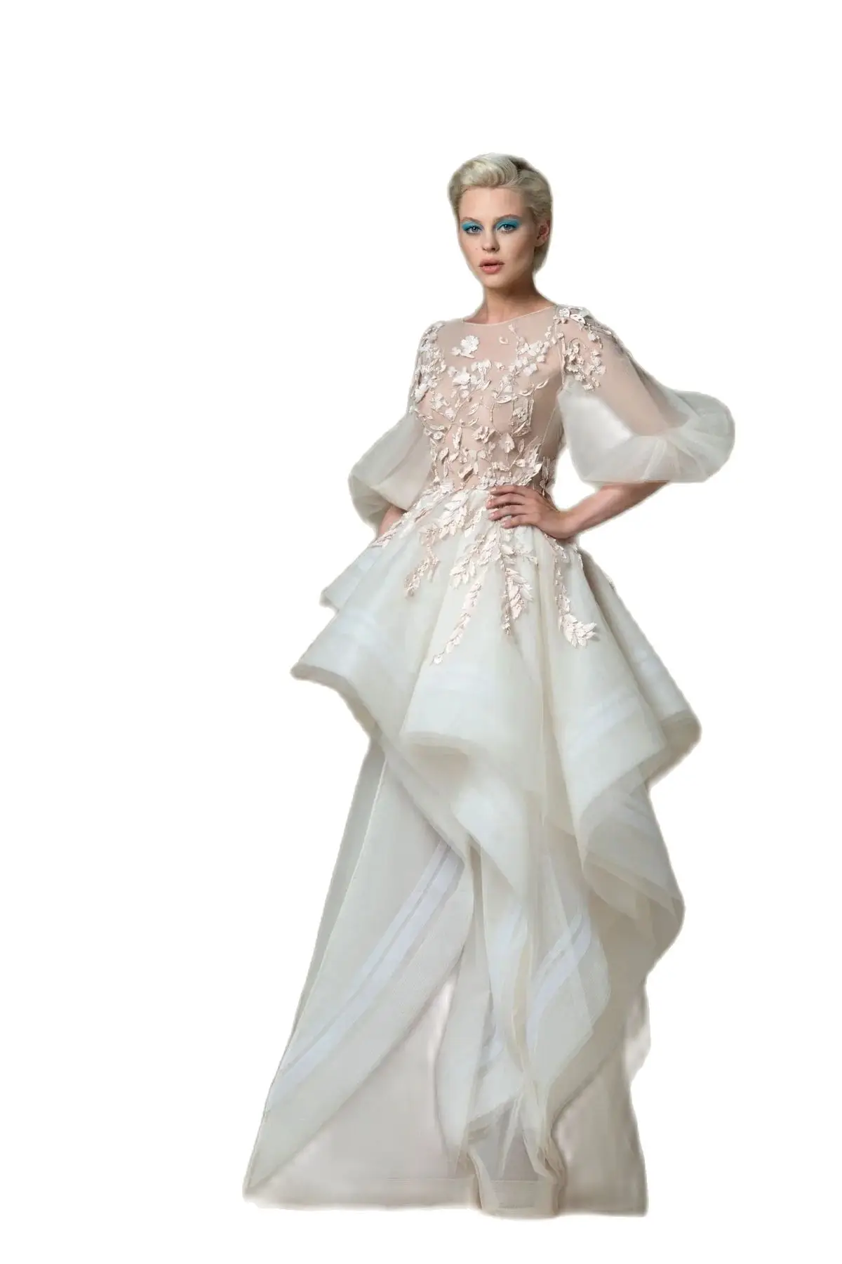 Unique A-line Wedding Dress for Women Jewel Short Sleeve Applicant Tulle High Waist Special Skirt Hem Custom Made Robe De Mariée