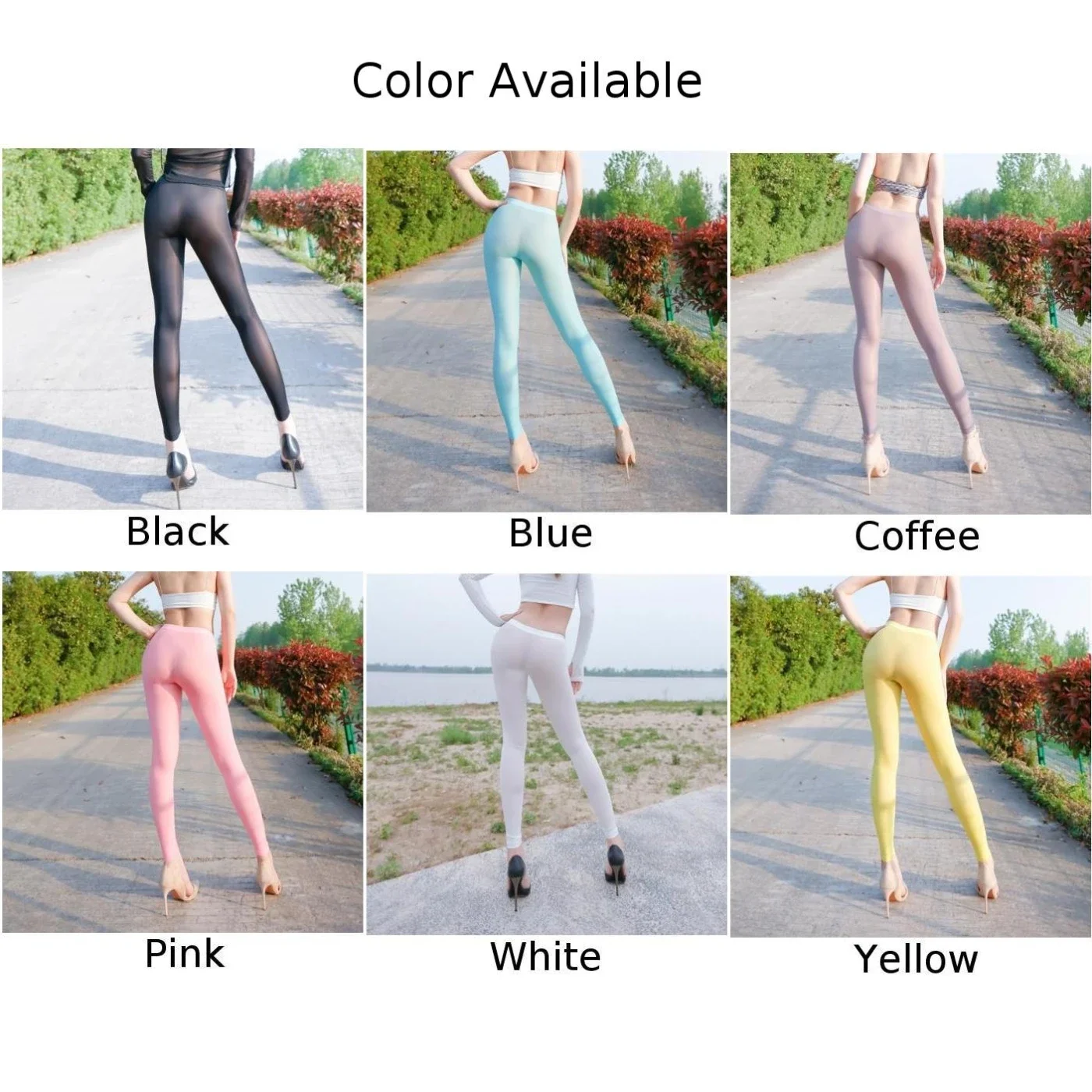 Leggings transparents à haute élasticité pour femmes, fjin ultra-mince soyeux, pantalons skinny, noir, blanc, jaune, bleu, café, rose