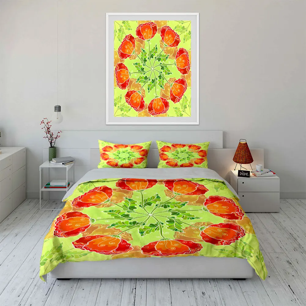Red flowers surrounded by green leaves Print Soft Comfortable Duvet Cover Bedding Set Included 1*Duvet Cover  2*Pillowcases