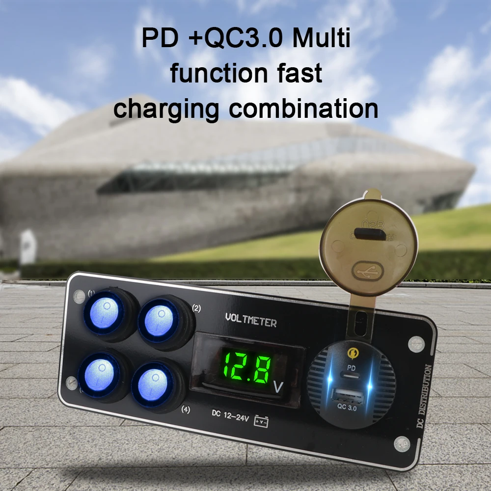 

QC3.0 Автомобильный кнопочный тумблер, панель 12-24 В для автомобиля, грузовика, квадроцикла, UTV, кемпера, каравана, PD, вольтметр, 4-бандовая панель переключателей