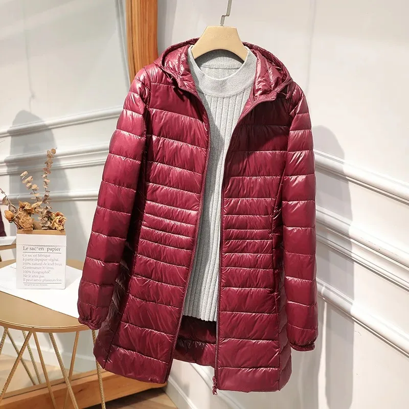 Chaqueta de plumón ligera y fina para mujer, abrigo medio y largo de talla grande con capucha, otoño e invierno