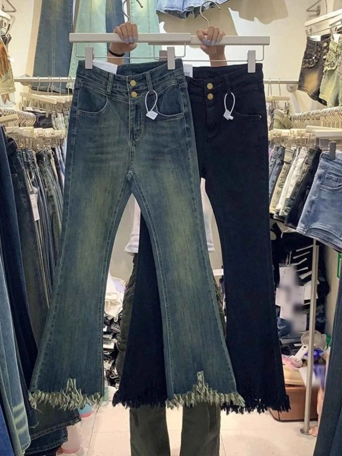 

Джинсы женские с высокой талией, синие, осенние, новые, винтажные, широкие, с бахромой, микро-клеш, повседневные, из хлопкового стрейч-денима