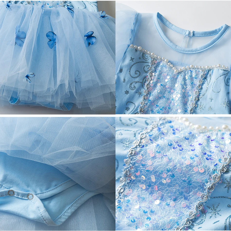 فستان رقص سندريلا للفتيات مزين بالترتر على شكل فراشة ملابس باليه للأميرة من عمر 2 إلى 8 سنوات زي تدريب للأطفال فستان أزرق فاخر