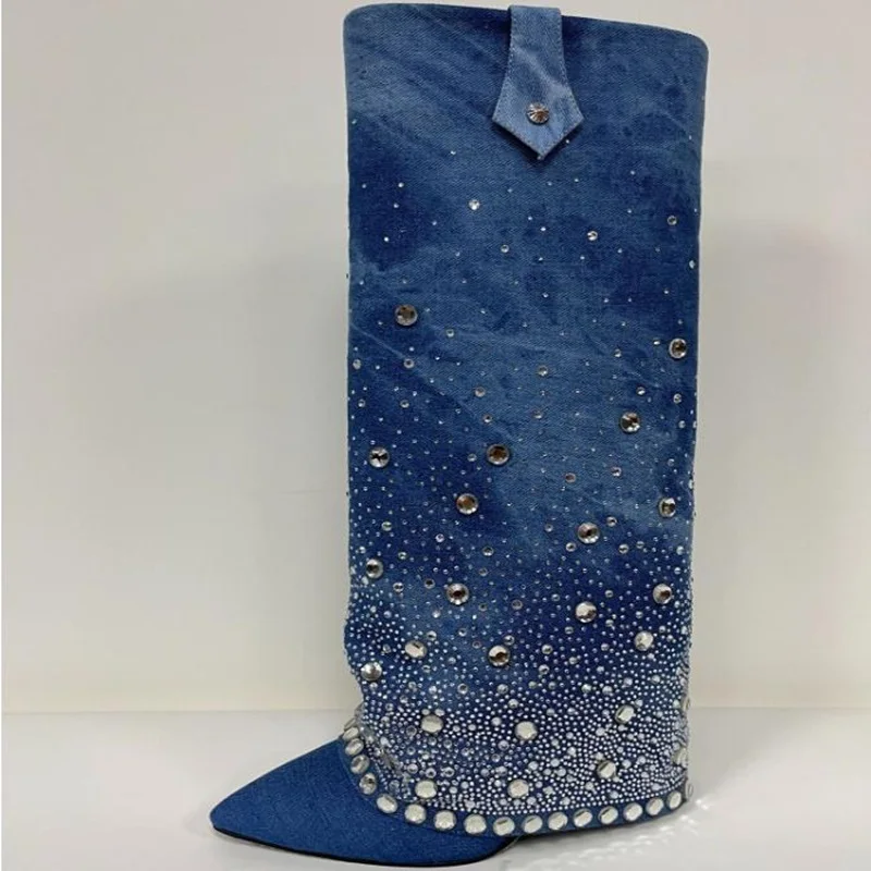 

Luxury Rhinestone Embellished Folded Long Boots Blue Denim Thin Heels Bling Bling Crystal Pointed Toe Slip On Woman Tall Boots