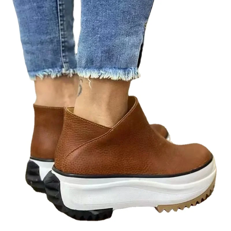 Autumn Women\'s Boots 2023 Round Toe High Top Platform Wedges Ladies Ankle Boots Casual Comfortable Soft PU High Top Zipper Boots