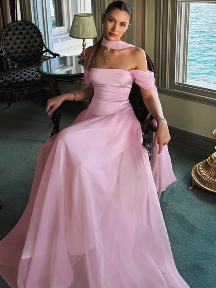 

Oniflyme сексуальное платье макси без бретелек с открытыми плечами, женское атласное сетчатое лоскутное платье с разрезом на шее и коротким рукавом, плиссированные элегантные платья для вечеринок