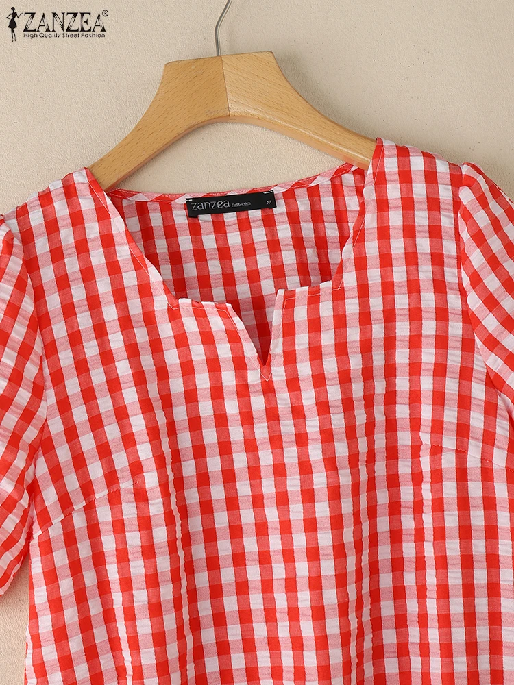 Femmes été Plaid Blouses à carreaux 2025 ZANZEA élégant col carré à manches courtes chemise de travail élégant vacances hauts femmes Blusas