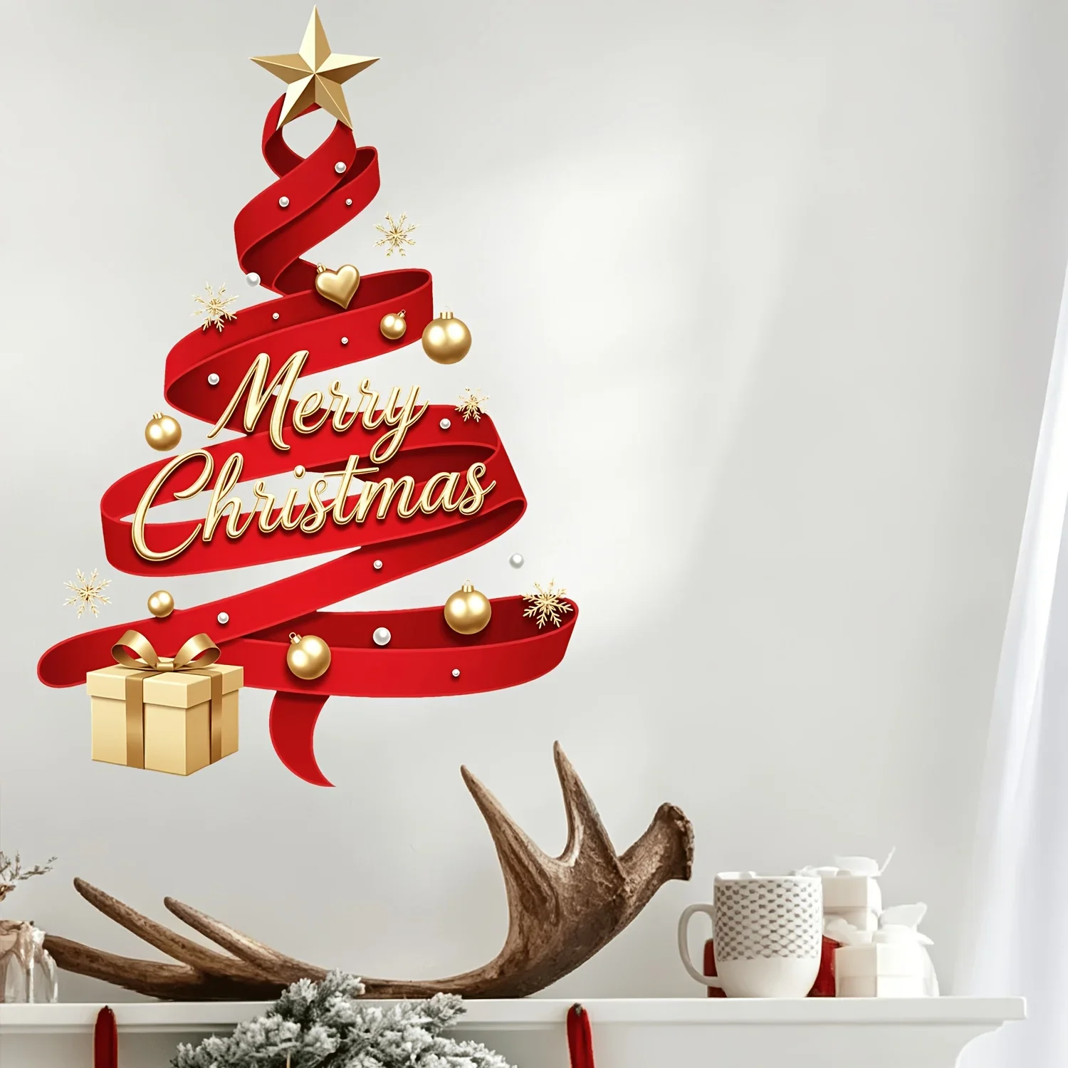 Red Ribbon 3D Xmas Tree Gift Bauble Window And Wall Stickers, Luxury Golden Merry Christmas Decor Decals