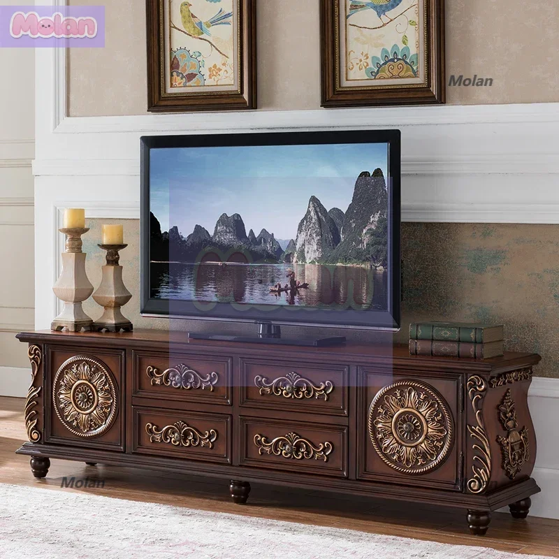 

European TV cabinet solid wood American floor cabinet carved retro hand-painted small apartment 1.5 meters 1.8 meters 2 meters