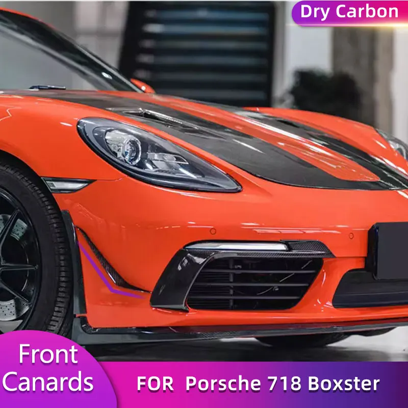 Передние бамперы из сухого карбона для Porsche 718 Boxster Cayman 982 2016-2021, гоночные передние канистры, плавники, комплекты кузова