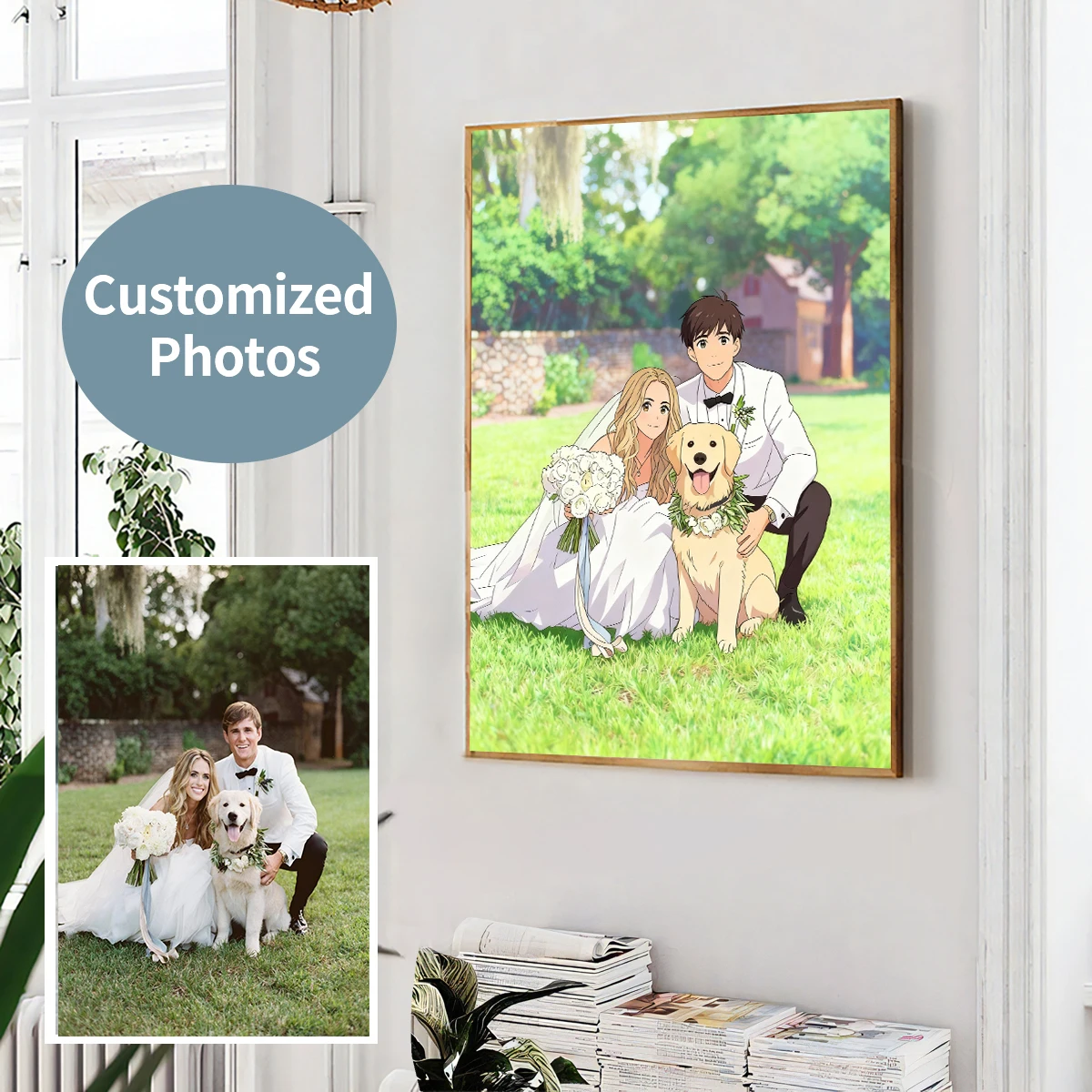 Customize Two-dimensional Animation Your Photo Canvas Print Portrait Wedding Couple Family Pet Animal Wall Art Poster Home Decor