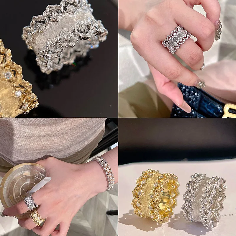 

Okla Silver 925 Sparkling Inlaid Full Diamond Lace Brushed Rings For Women Fashion Light Luxury Engagement Ring Wedding Jewelry