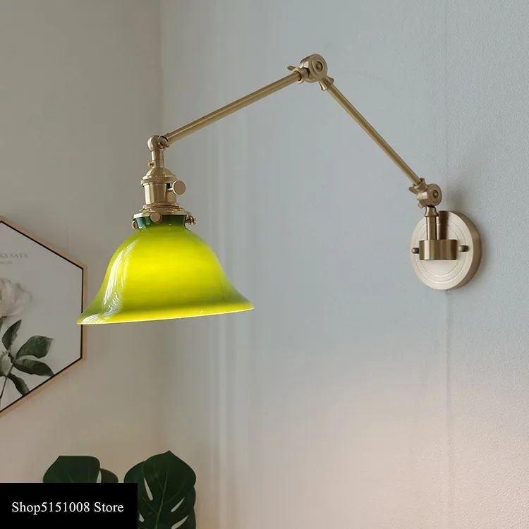

Brass Glass led Wall Lamps Japanese Retro Long Rod Rocker Retractable Folding wall light Bedroom Bedside All Copper Light Luxury