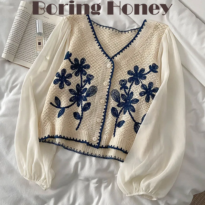 

Boring Honey Join Together Chiffon Long Sleeve Clothes For Women Korean Style Embroidery T-Shirt V-Neck Single-Breasted Tops