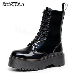 Women's Black Laser Thick-Soled Boots Round-Toe Patent Leather Side Zipper Mirrored Short Boots Large Size Fashionable Boots