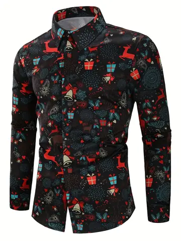 Camisas formales con estampado de alces para hombre, regalo con tema navideño, camisa de manga larga con gráficos navideños, camisas de moda para hombre