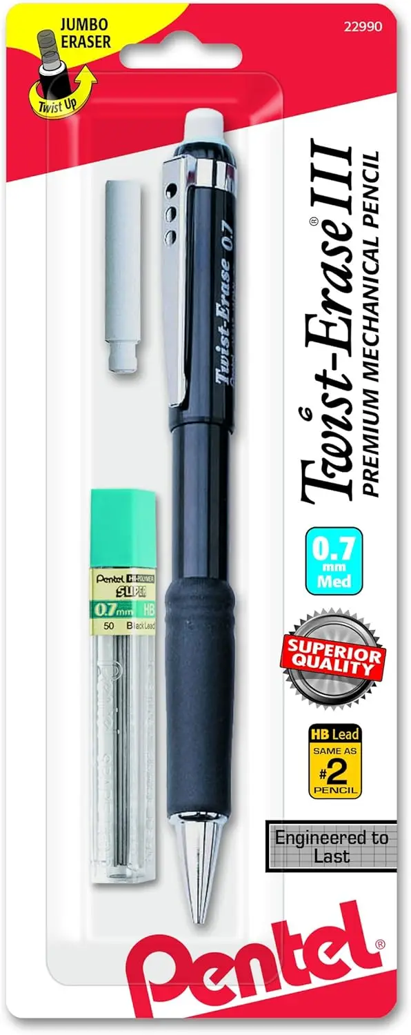 

Twist-Erase Mechanical Pencil, 0.7mm Medium Line with Lead and Eraser Refills, Comfortable Grip for Writing