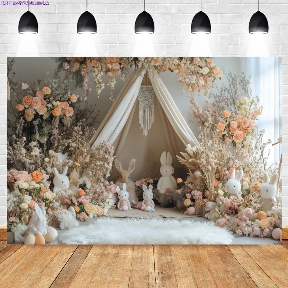 ربيع عيد الفصح التصوير خلفية بوهو زهرة خيمة الأرنب الملونة البيض أرنب الاطفال حفلة عيد ميلاد ديكور خلفية استوديو الصور
