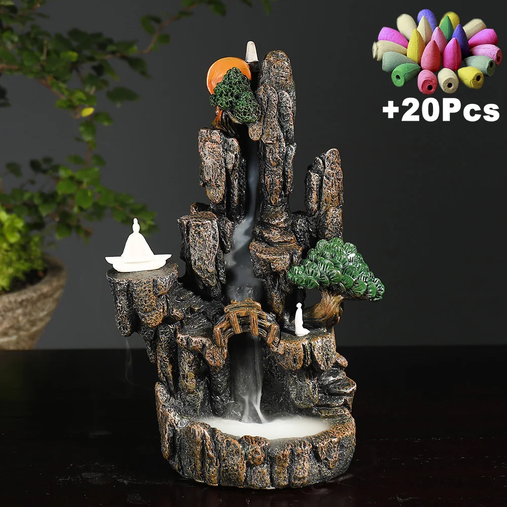 +Gift Handmade Resin Craft Gift Rockery Waterfall Landscape Backflow Incense Zen Monk Meditation Buddha Diffuser