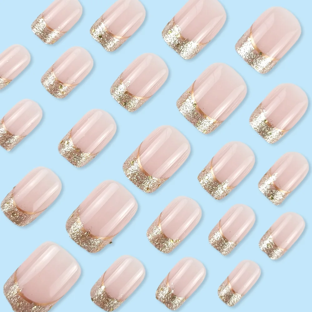 24 stuks druk op nagels luxe Franse manicure met gouden rand volledige dekking nageltips voor dames en meisjes verwijderbare draagbare nagel