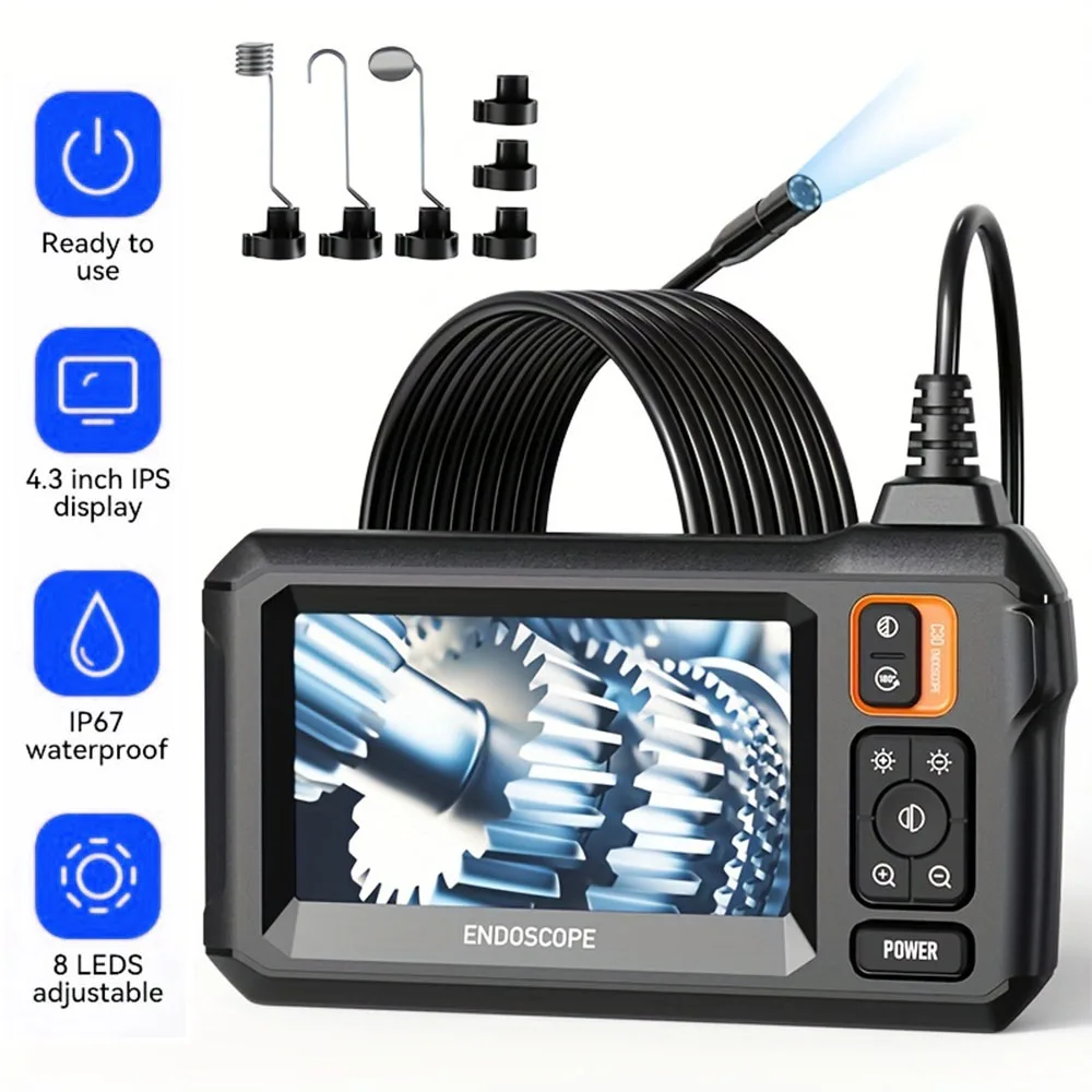 

1080P Industrial Endoscope Camera 4.3inch Screen 8mm Single Lens Waterproof 8 LED Light Inspection Borescope for Pipe Car Repair