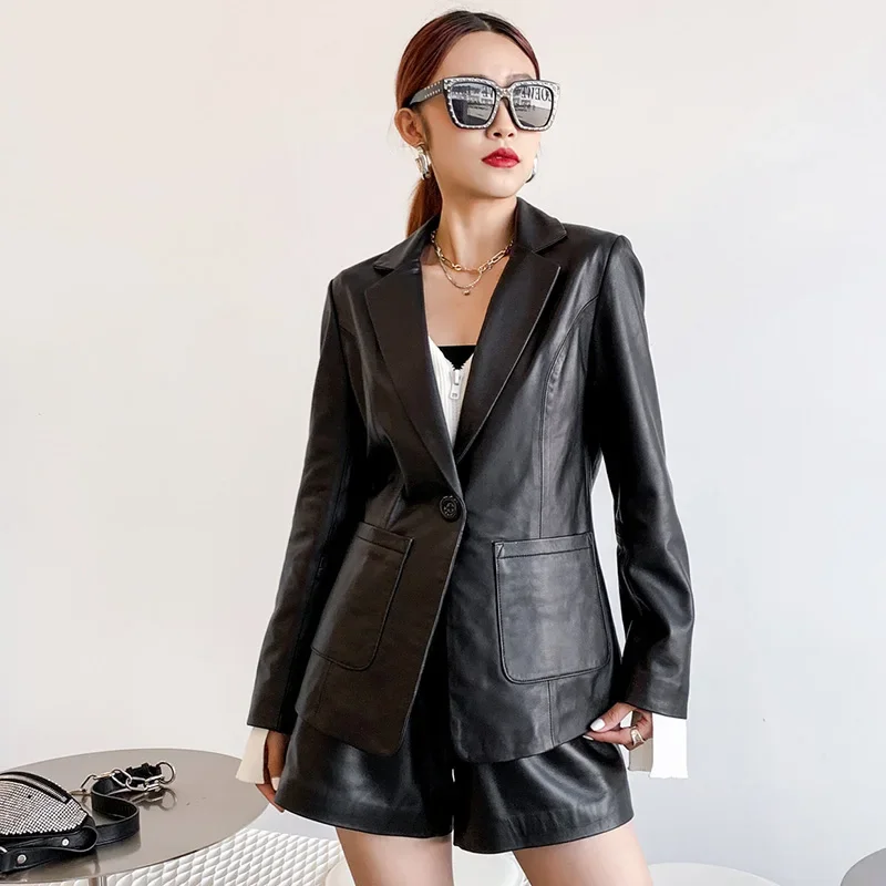 Top veste en cuir véritable femmes 2022 printemps automne nouvelles tenues décontractées pour femmes élégant en cuir mode costume veste femmes tissu