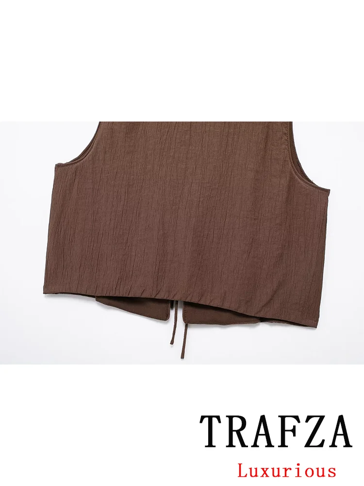 TRAFZA Vintage Casual Chic Solid Women Suit V-Neck Short Slim Vest Sheath Loose Long Skirt New Fashion 2024 Summer Sets