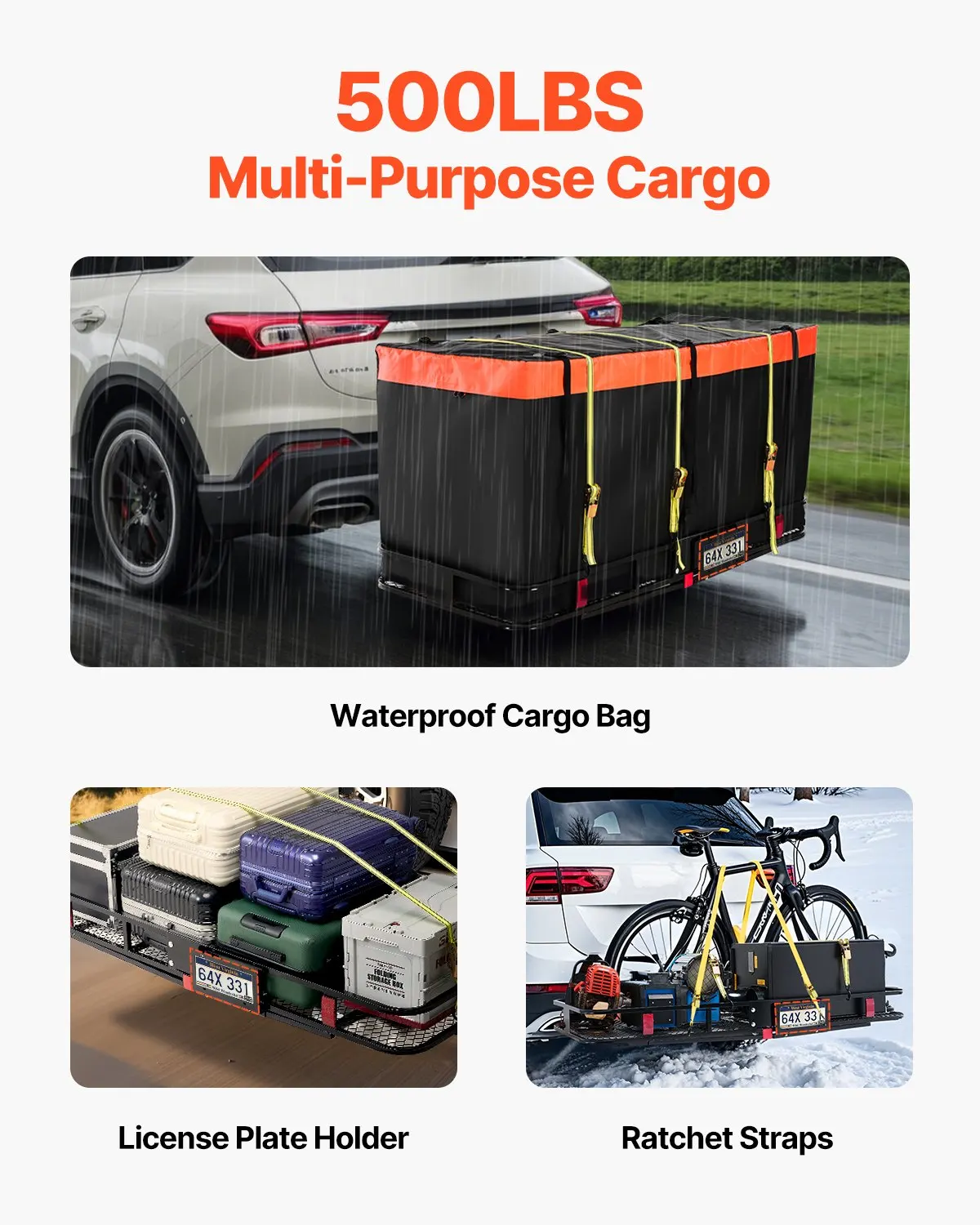

70" X 30" X 6", Hitch Cargo Carrier, 500 Lbs Capacity Hitch Cargo Carrier With Ratchet Straps & Cargo Bag, Folding Hitch Mount