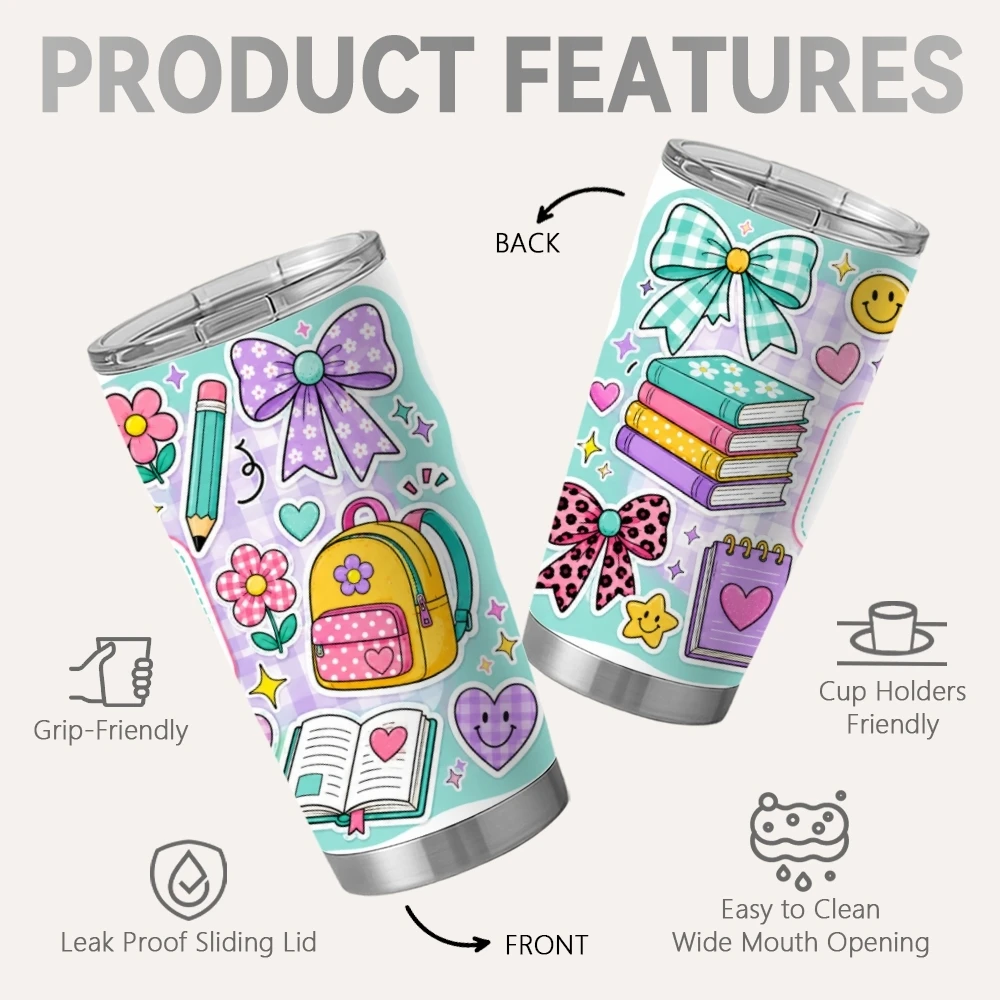 Back-to-School Stickers Vacuum Flasks 20oz Coffee Cup with 2 Lids & Reusable Straw Stainless Steel Vacuum Insulated Travel Mug